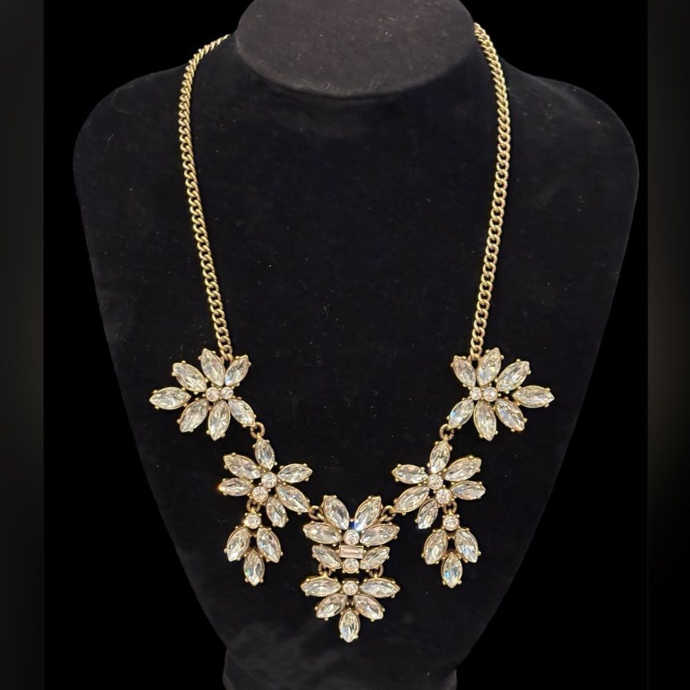 J. Crew Statement Clear Rhinestone Gold Tone Floral Necklace Vintage